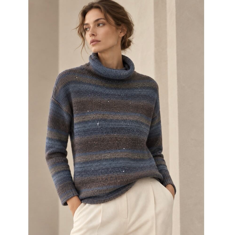 Brunello Cucinelli Cashmere Silk Sequin Striped Palliette Knit Sweater US 2 XS